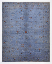 Cornflower blue over-dyed hand-knotted wool area rug, 8'11 x 6'2 - top-down view