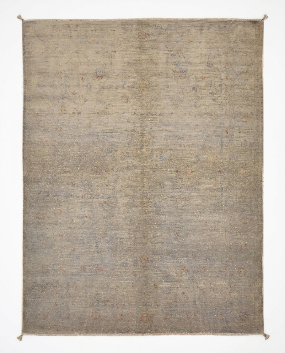 Grey-beige over-dyed hand-knotted wool area rug, 9'9 x 6'7 - top-down view