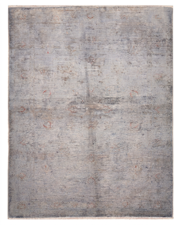 Grey-blue over-dyed hand-knotted wool area rug, 7'9 x 5'5 - top-down view