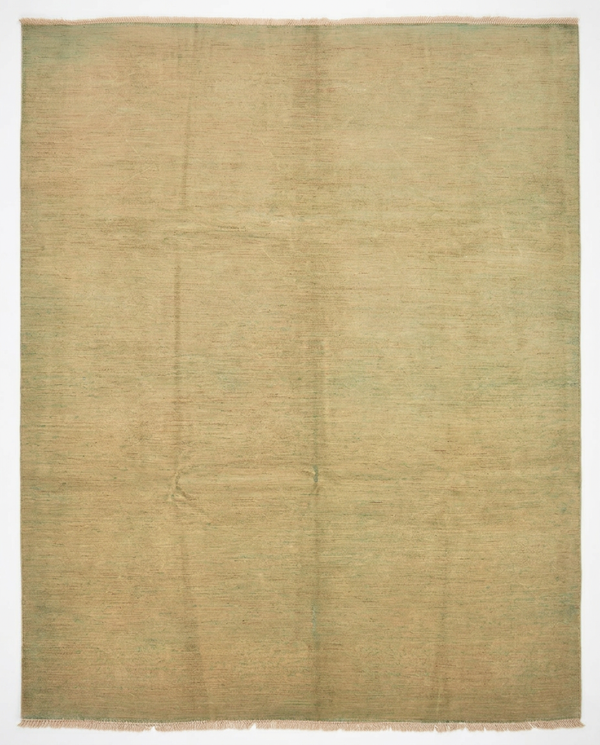 Sandy beige over-dyed hand-knotted wool area rug, 12'2 x 8'8 - top-down view