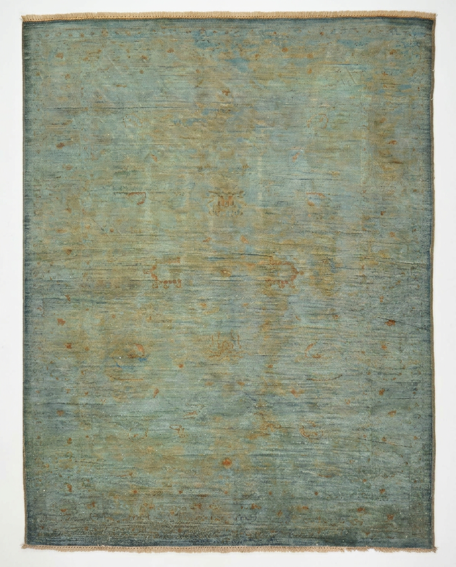 Teal blue over-dyed hand-knotted wool area rug, 5'6 x 3'11 - top-down view