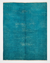 Turquoise over-dyed hand-knotted wool area rug, 9'6 x 6'5 - top-down view