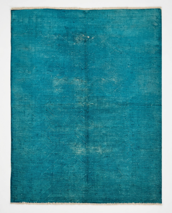 Turquoise over-dyed hand-knotted wool area rug, 9'6 x 6'5 - top-down view