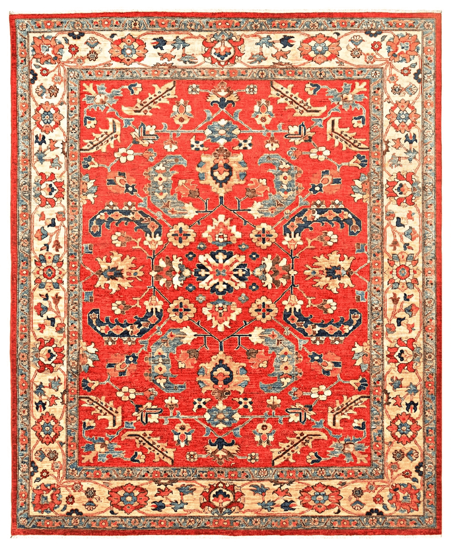 Farhan Area Rug – Red Field with Bold All-Over Floral Palmette Design, Hand-Knotted Wool Rug, 9'11" x 8'2" (302 x 250 cm) | Rug 41827 - Carpetery