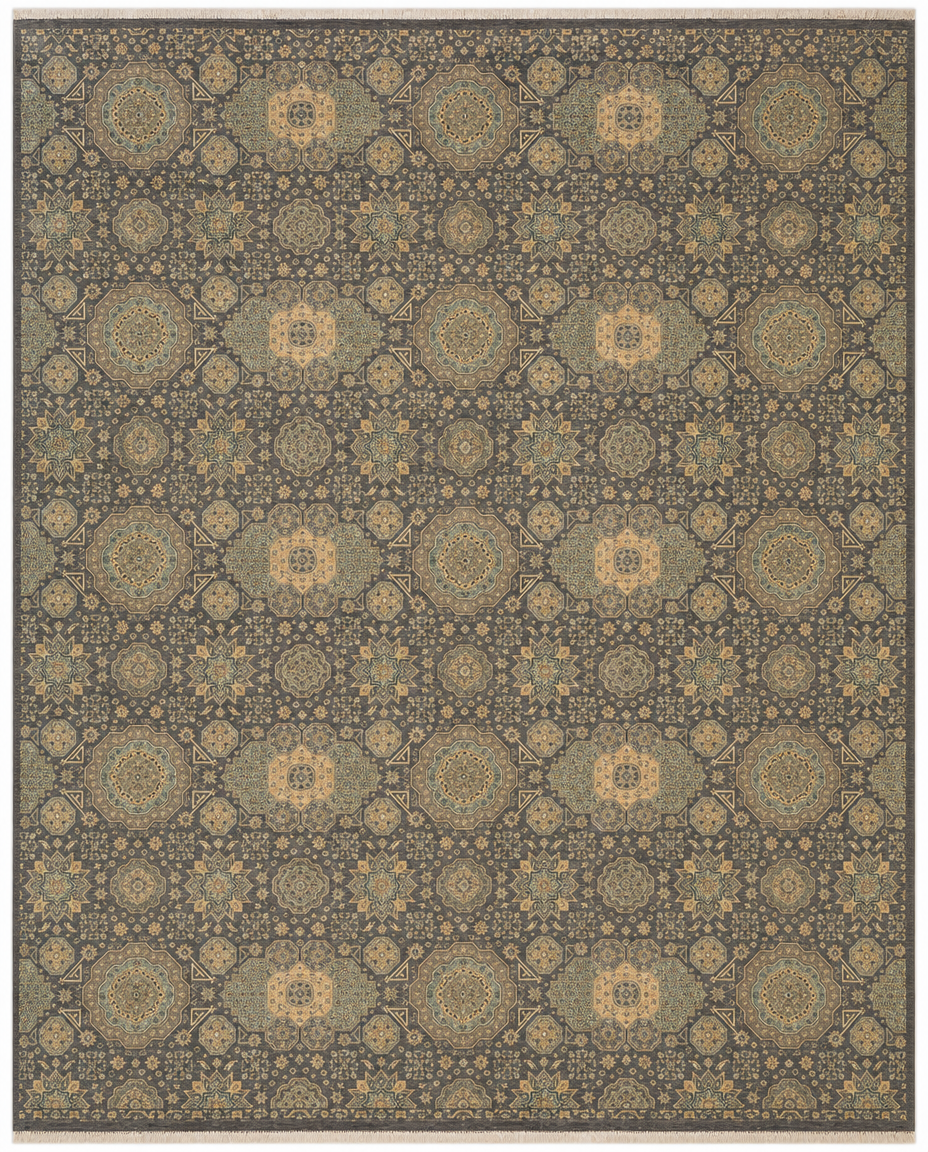 Farhan Area Rug – Charcoal Grey All-Over Geometric Medallion Design, Hand-Knotted Wool Rug, 13'4" x 9'8" | Rug #39989