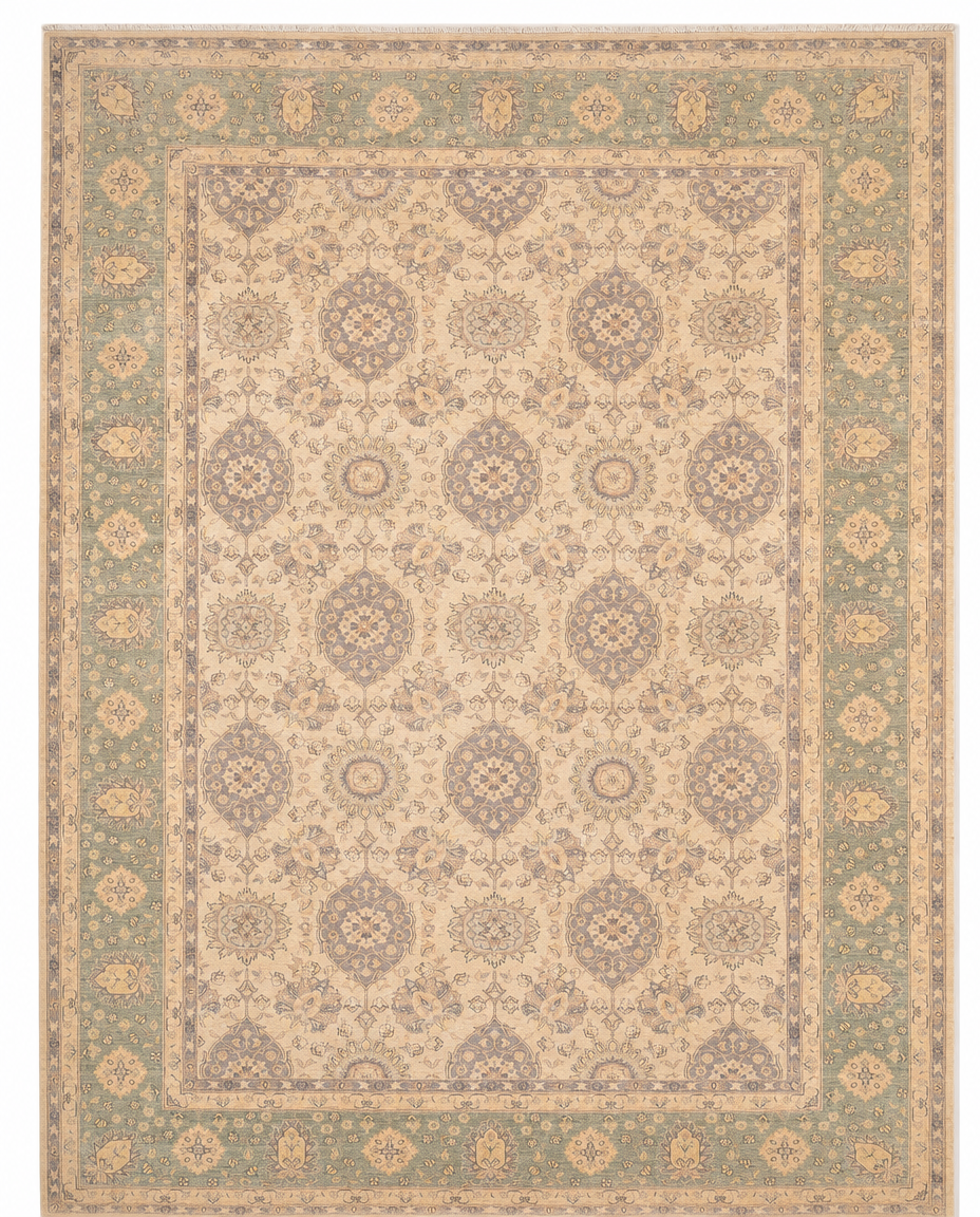 Farhan Area Rug – Ivory Field with All-Over Rosette Medallion Design, Hand-Knotted Wool Rug, 13'10" x 10'1"  | Rug #48310