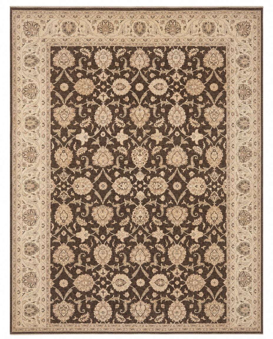 Farhan Area Rug – Brown Field with All-Over Floral Palmette Design, Hand-Knotted Wool Rug, 14'3" x 10'0" | Rug #48311