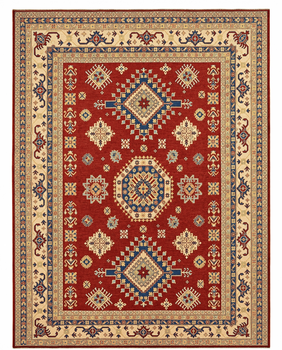 Kazak Area Rug – Red Field with Tribal Geometric Medallion Design, Hand-Knotted Wool Rug, 13'1" x 9'6 | Rug 32398 - Carpetery