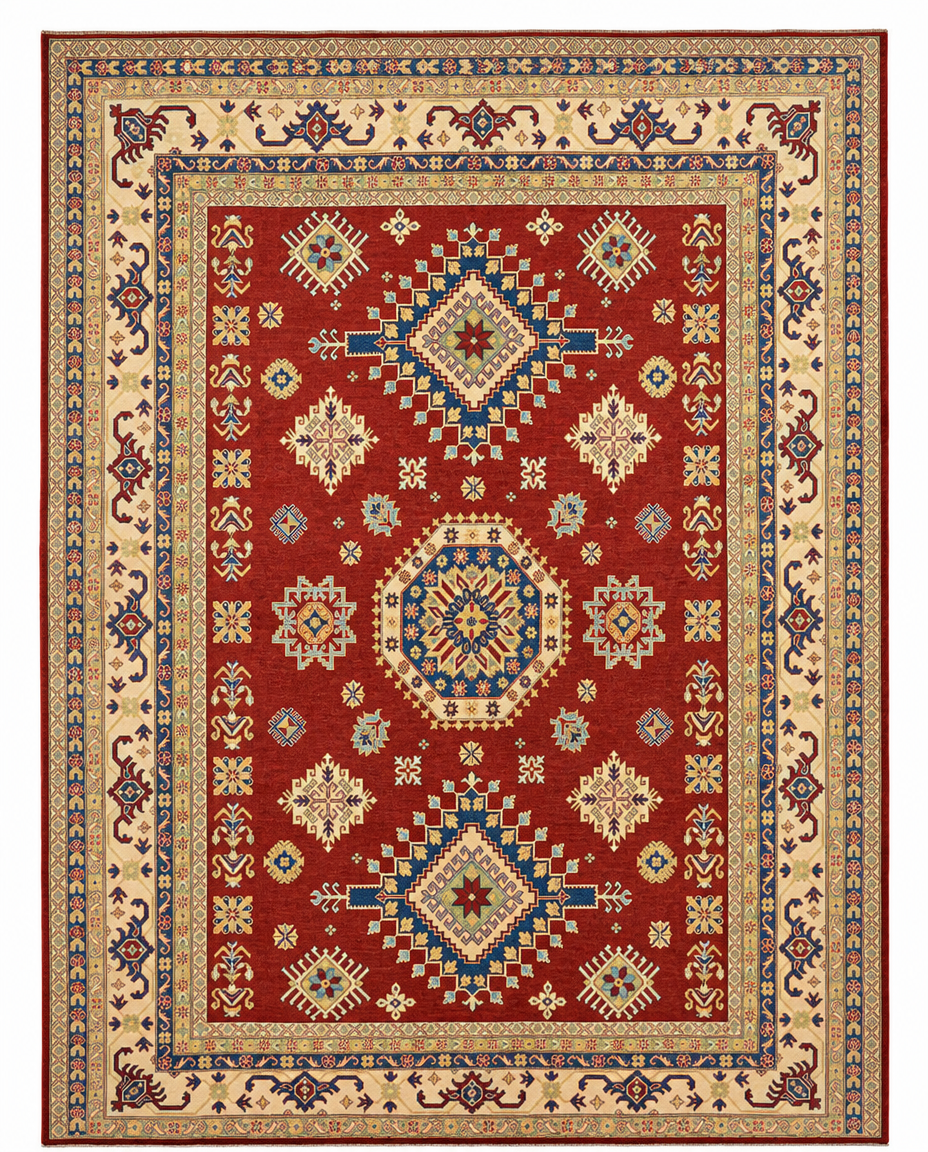 Kazak Area Rug – Red Field with Tribal Geometric Medallion Design, Hand-Knotted Wool Rug, 13'1" x 9'6 | Rug #32398