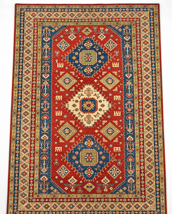 Kazak Area Rug – Red Field with Triple Medallion Tribal Design, Hand-Knotted Wool Rug, 15'9" x 9'10" | Rug #41451