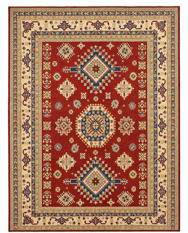 Kazak Area Rug – Red Field with Tribal Geometric Medallion Design, Hand-Knotted Wool Rug, 13'1" x 9'6 | Rug #32398