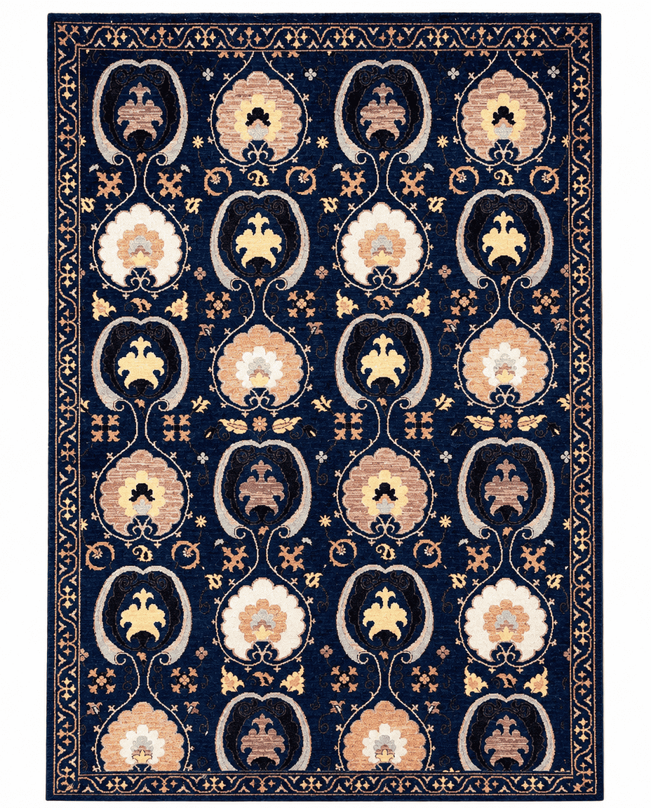 Suzani Area Rug – Navy Blue Field with Bold Floral Medallion Design, Hand-Knotted Wool Rug, 9'9" x 6'8"| Rug 24626 - Carpetery