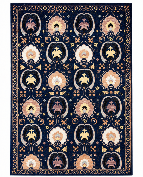 Suzani Area Rug – Navy Blue Field with Bold Floral Medallion Design, Hand-Knotted Wool Rug, 9'9" x 6'8"| Rug #24626