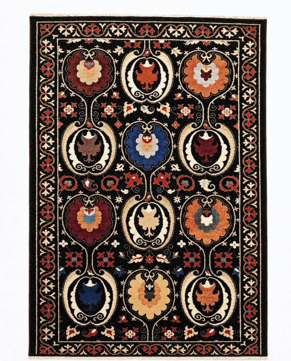 Suzani Area Rug – Black Field with Colorful Floral Medallion Design, Hand-Knotted Wool Rug, 9'2" x 5'11" | Rug 27418 - Carpetery