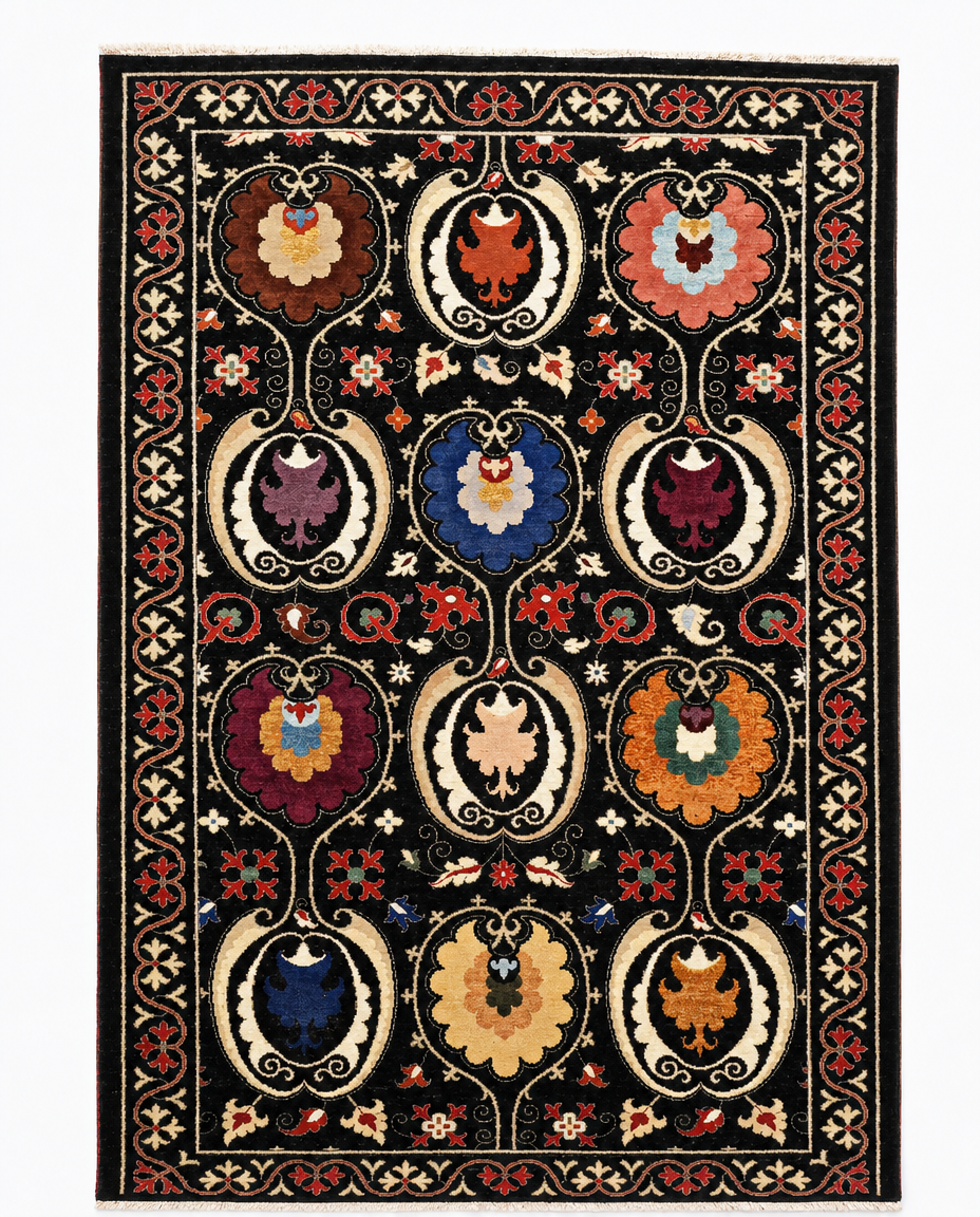 Suzani Area Rug – Black Field with Colorful Floral Medallion Design, Hand-Knotted Wool Rug, 9'2" x 5'11" | Rug #27418