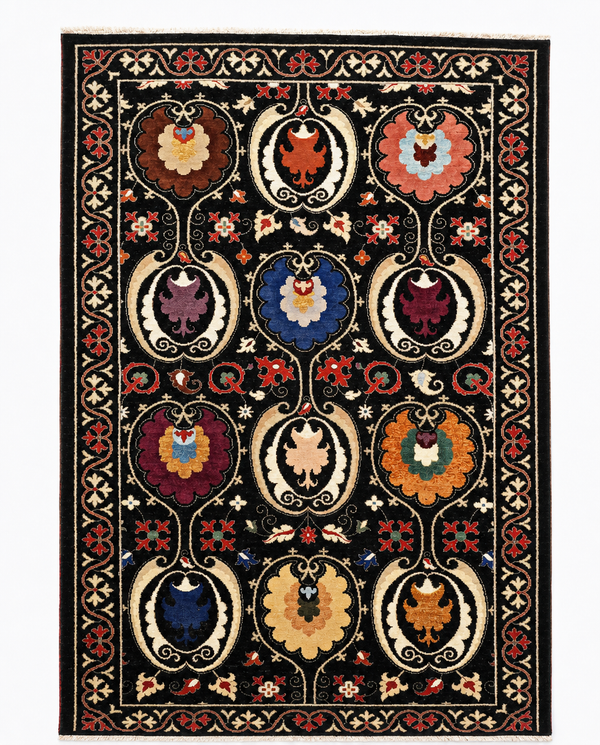 Suzani Area Rug – Black Field with Colorful Floral Medallion Design, Hand-Knotted Wool Rug, 9'2" x 5'11" | Rug #27418