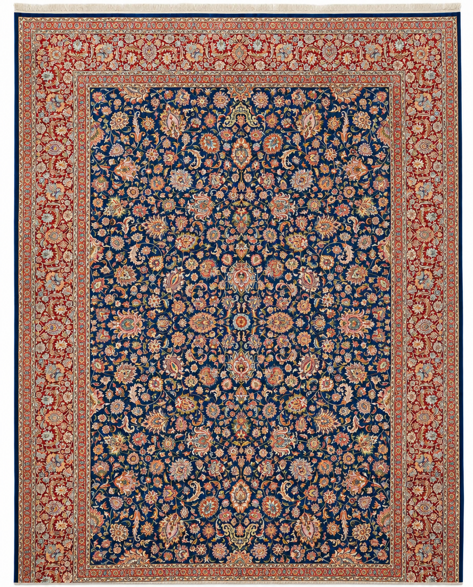 Turkish Area Rug – Navy Blue All-Over Floral Design, Hand-Knotted Silk-Wool Rug, 11'7" x 8'2"  | Rug #35842