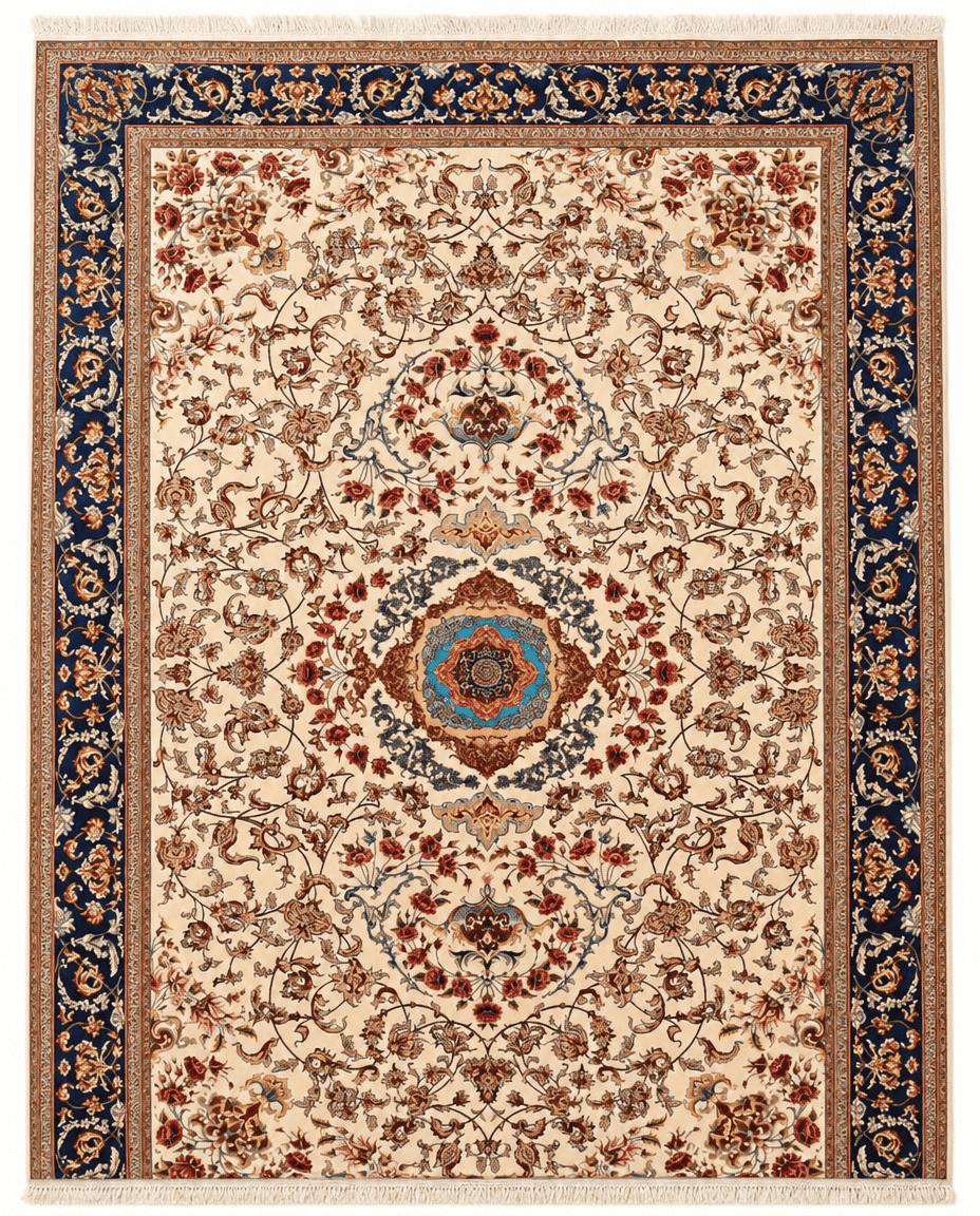 Turkish Area Rug – Ivory Floral Medallion Design, Hand-Knotted Silk-Wool Rug, 9'10" x 6'6" | Rug 35831 - Carpetery