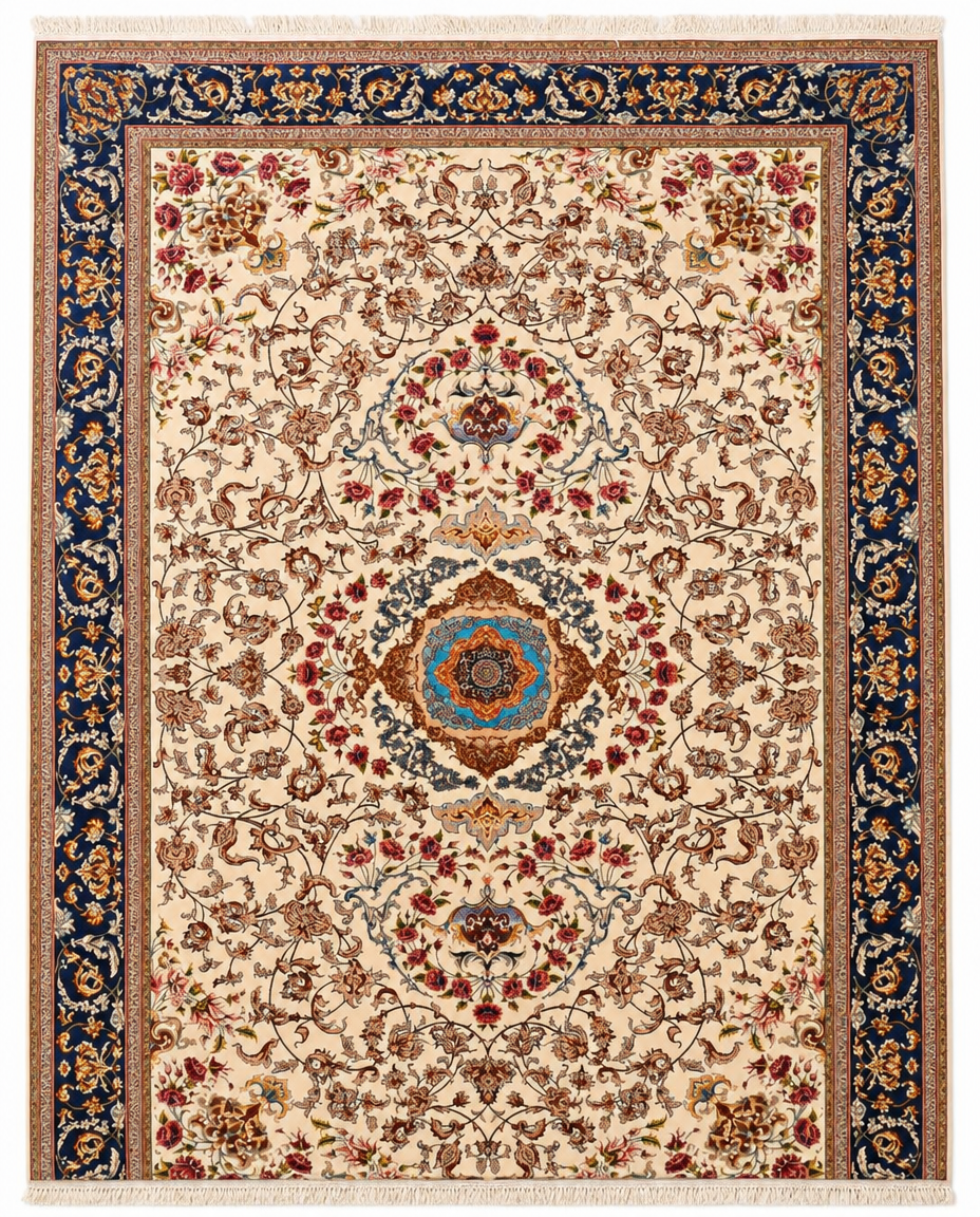 Turkish Area Rug – Ivory Floral Medallion Design, Hand-Knotted Silk-Wool Rug, 9'10" x 6'6"  | Rug #35831