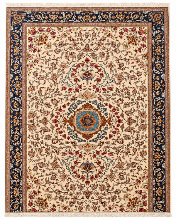 Turkish Area Rug – Ivory Floral Medallion Design, Hand-Knotted Silk-Wool Rug, 9'10" x 6'6"  | Rug #35831