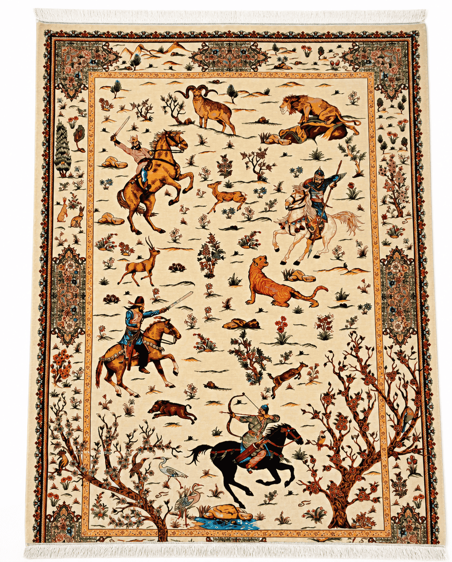 Turkish Hunting Scene Pictorial Area Rug – Mounted Hunters & Wildlife Design, Hand-Knotted Silk-Wool Rug, 5'10" x 3'11" | Rug 36344 - Carpetery
