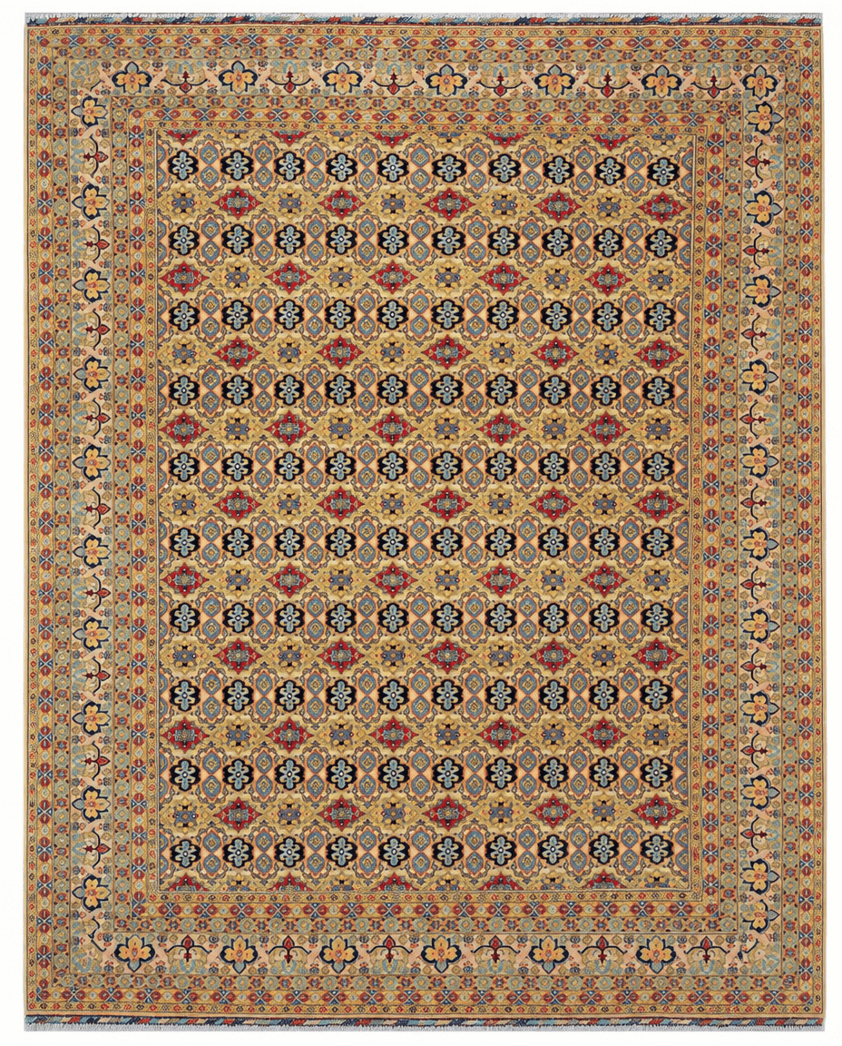 Turkmen Area Rug – Golden Field with All-Over Geometric Medallion Design, Hand-Knotted Wool Rug, 13'5" x 9'11" | Rug 32850 - Carpetery