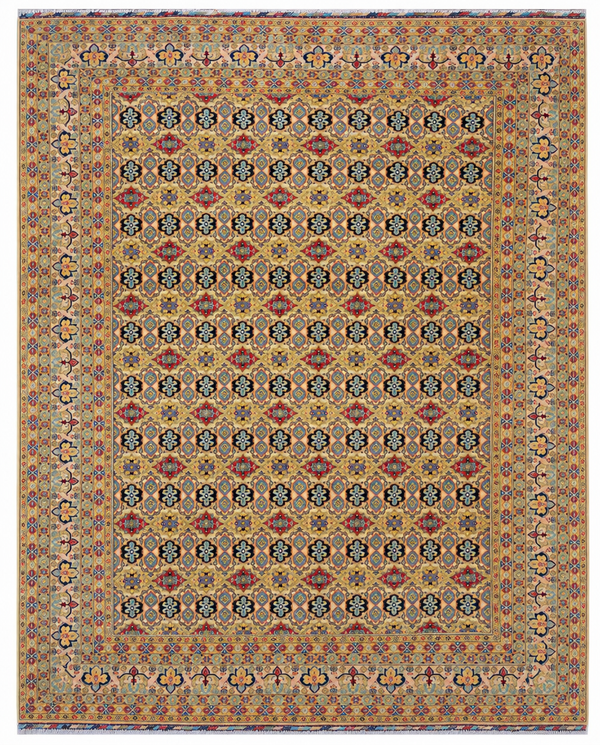 Turkmen Area Rug – Golden Field with All-Over Geometric Medallion Design, Hand-Knotted Wool Rug, 13'5" x 9'11" | Rug #32850