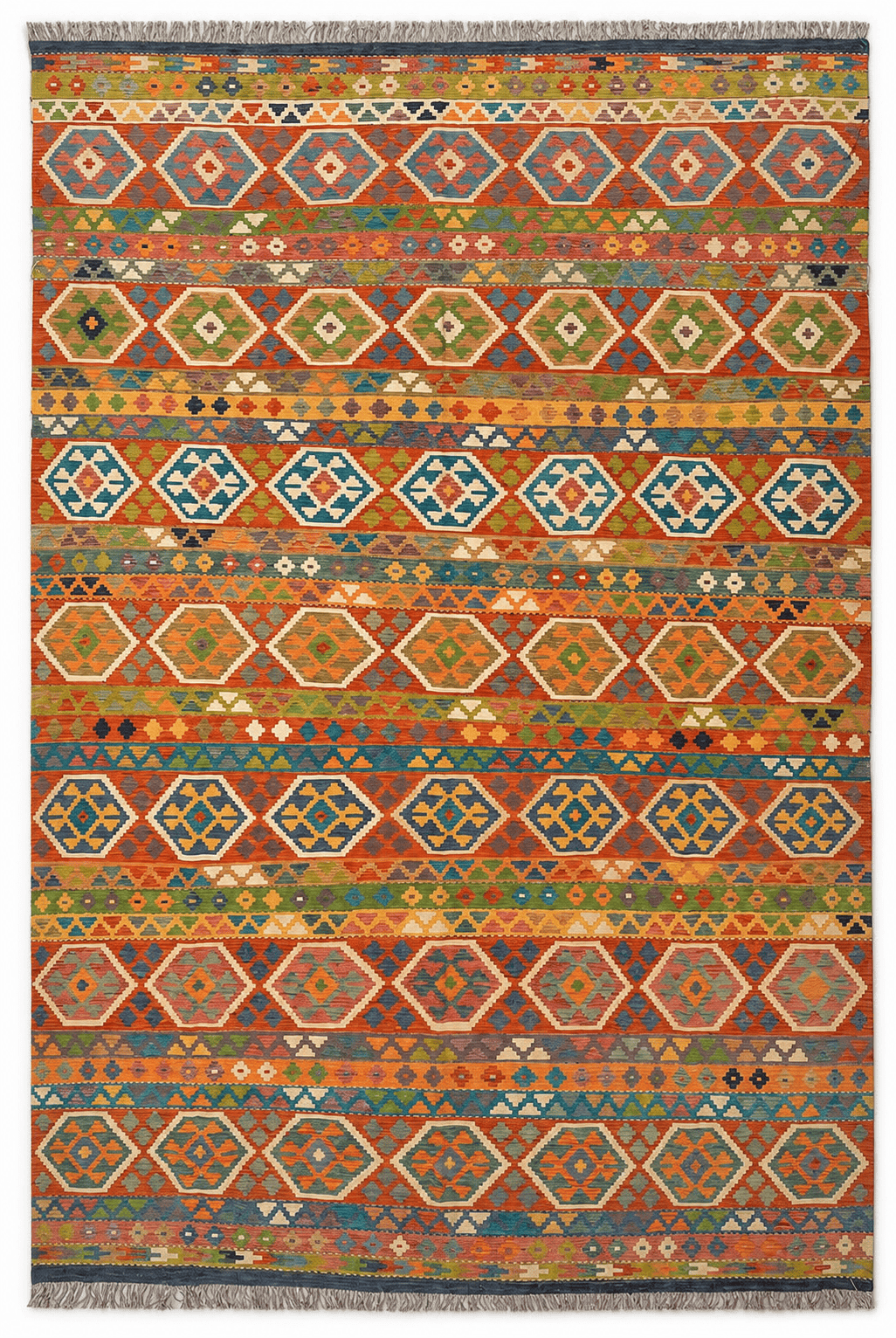 Kilim Area Rug – Colorful Horizontal Banded Tribal Design, Handwoven Flatweave Rug, 12'10" x 9'6" (391 x 290 cm) | Rug 48776 - Carpetery