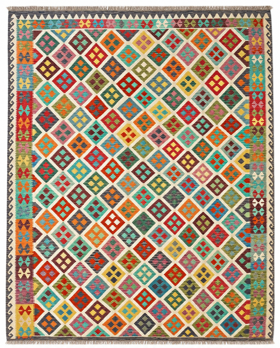 Kilim Area Rug – Colorful Diamond Lattice Design, Handwoven Flatweave Rug, 12'9" x 10'2" (388 x 310 cm) | Rug #37903
