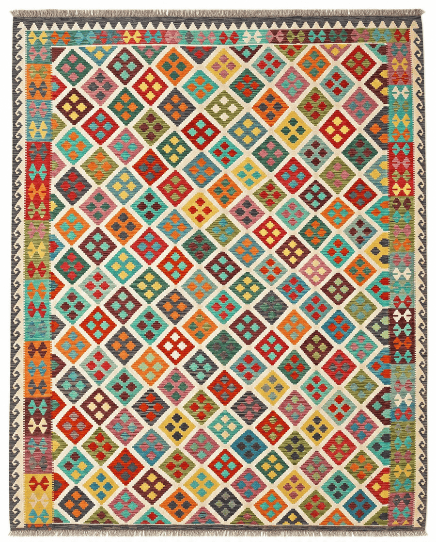 Kilim Area Rug – Colorful Diamond Lattice Design, Handwoven Flatweave Rug, 12'9" x 10'2" (388 x 310 cm) | Rug 37903 - Carpetery