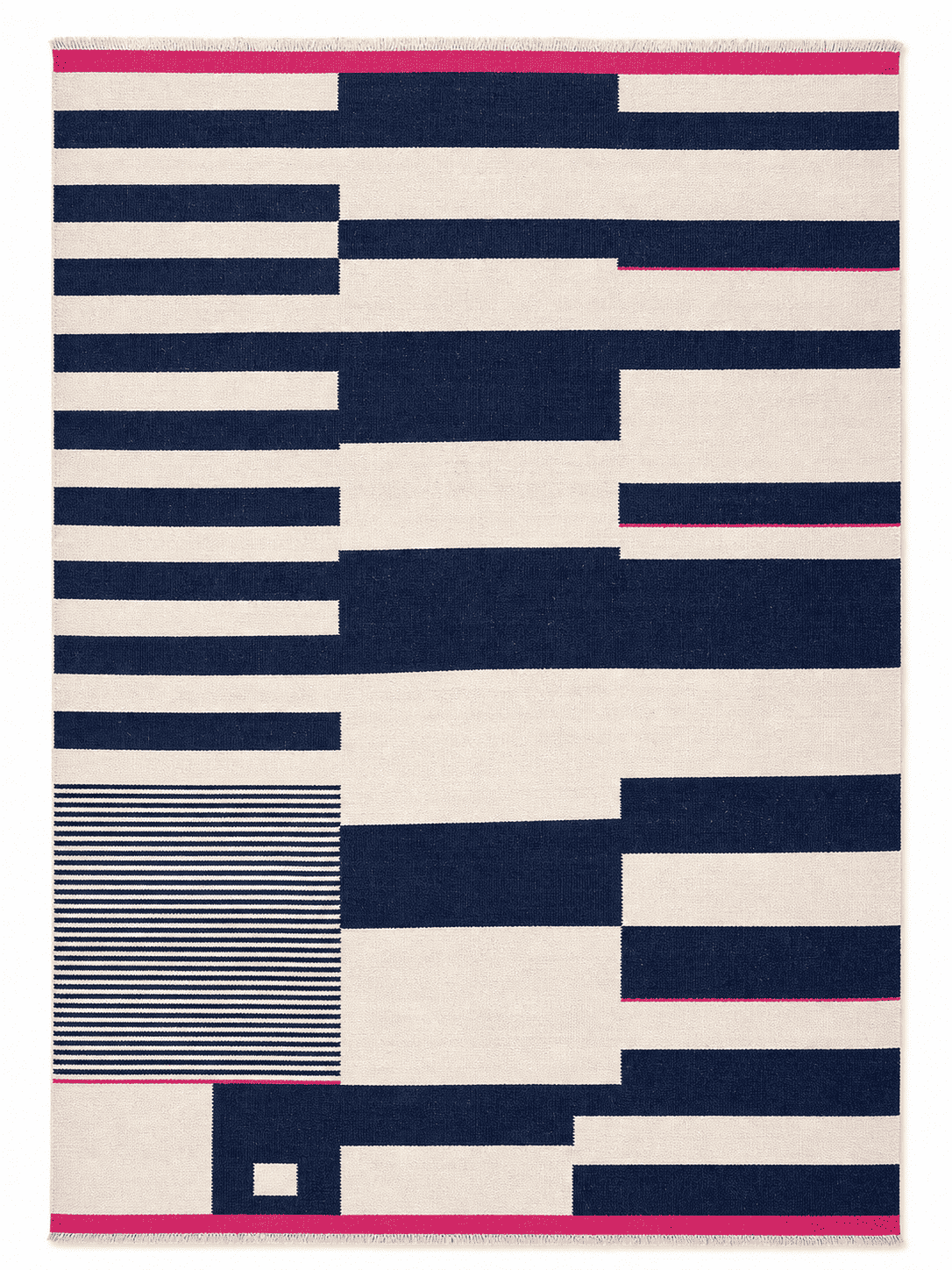 Modern Kilim Area Rug – Navy & Ivory Abstract Block Design with Pink Accents, Handwoven Flatweave Rug, 8'0" x 5'7" (243 x 170 cm) | Rug 3571 - Carpetery