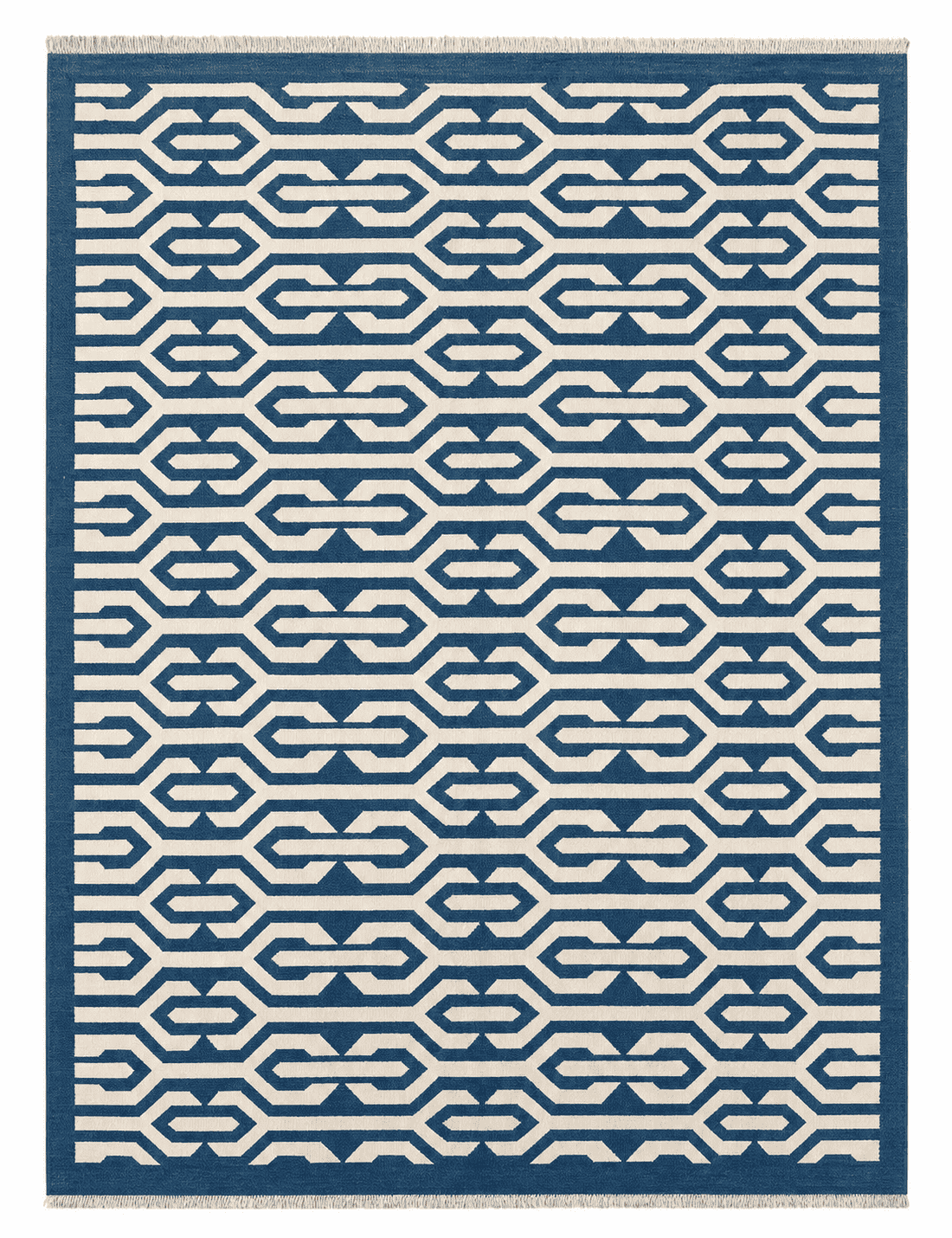 Modern Kilim Area Rug – Blue & Ivory Geometric Chain-Link Design, Handwoven Flatweave Rug, 12'2" x 8'10" (370 x 270 cm) | Rug 6-7034 - Carpetery