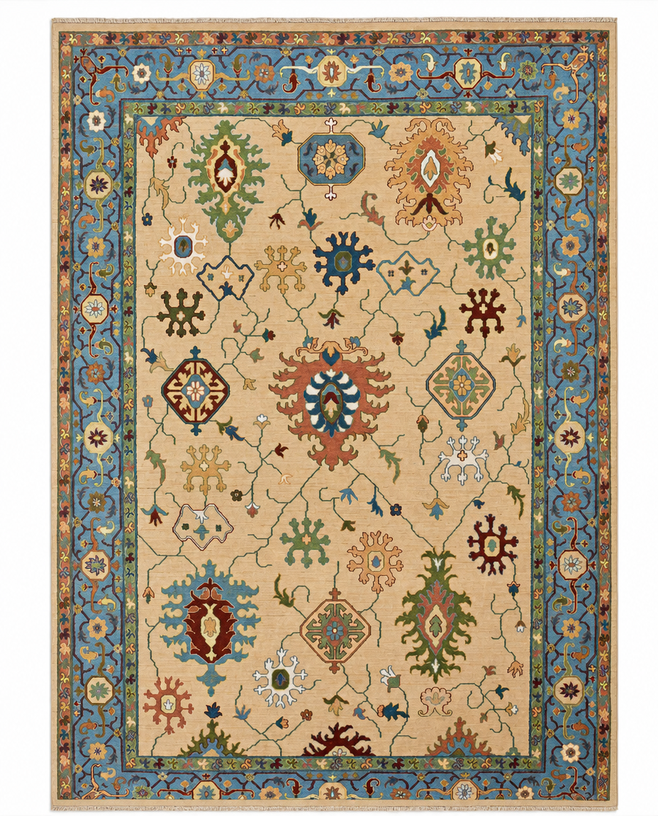 Oushak Area Rug – Sandy Gold Field with Bold Leaf Medallion Design, Hand-Knotted Wool Rug, 14'7" x 10'0" | Rug #44150