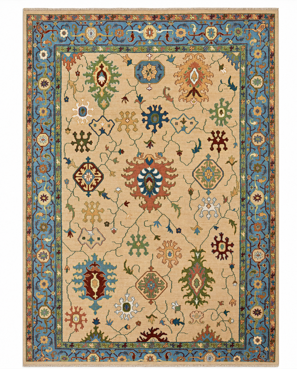 Oushak Area Rug – Sandy Gold Field with Bold Leaf Medallion Design, Hand-Knotted Wool Rug, 14'7" x 10'0" | Rug #44150