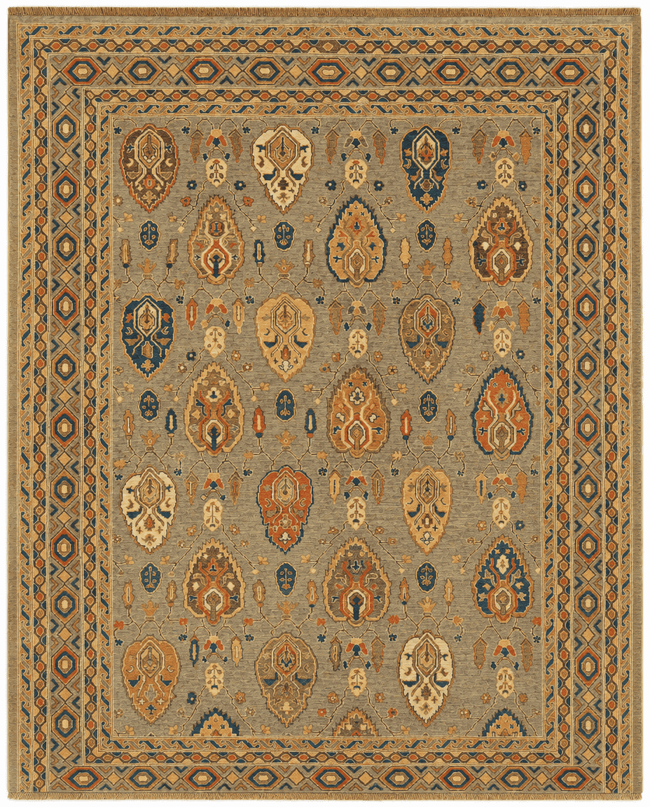 Oushak Area Rug – Grey Field with All-Over Boteh Medallion Design, Hand-Knotted Wool Rug, 11'10" x 8'10" | Rug 41220 - Carpetery