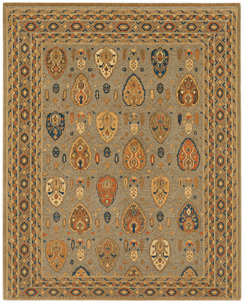 Oushak Area Rug – Grey Field with All-Over Boteh Medallion Design, Hand-Knotted Wool Rug, 11'10" x 8'10" | Rug #41220