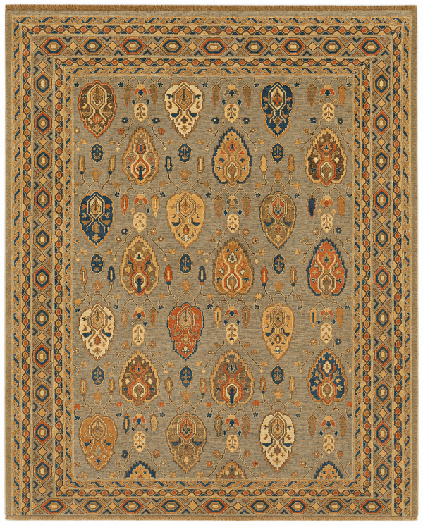 Oushak Area Rug – Grey Field with All-Over Boteh Medallion Design, Hand-Knotted Wool Rug, 11'10" x 8'10" | Rug #41220