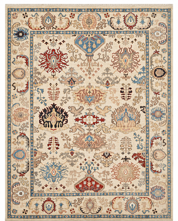 Oushak Area Rug – Ivory Field with Bold Leaf Medallion Design, Hand-Knotted Wool Rug, 10'1" x 7'11" | Rug #48167