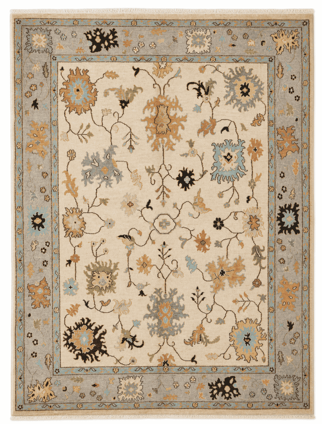 Oushak Area Rug – Ivory Field with Bold Leaf & Rosette Design, Hand-Knotted Wool Rug, 10'2" x 7'11" (311 x 242 cm) | Rug 49055 - Carpetery