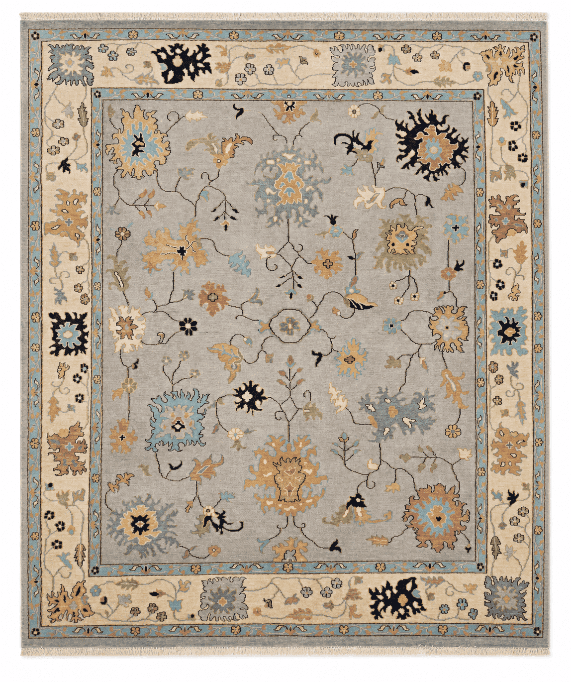 Oushak Area Rug – Grey Field with Bold Leaf & Rosette Design, Hand-Knotted Wool Rug, 10'2" x 7'10" (310 x 240 cm) | Rug 48727 - Carpetery