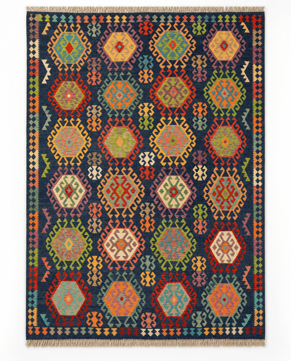 Kilim Area Rug – Navy Blue Field with Colorful Hexagonal Medallion Design, Handwoven Flatweave Rug, 13'4" x 9'10" (407 x 300 cm) | Rug 48778 - Carpetery