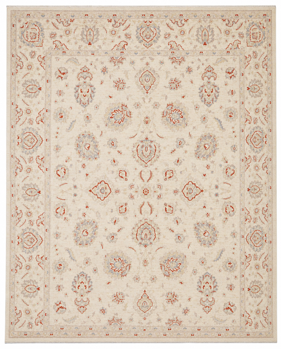 Ziegler Area Rug – Cream Field with All-Over Floral Design, Hand-Knotted Wool Rug, 8'5" x 8'10"  | Rug #47205