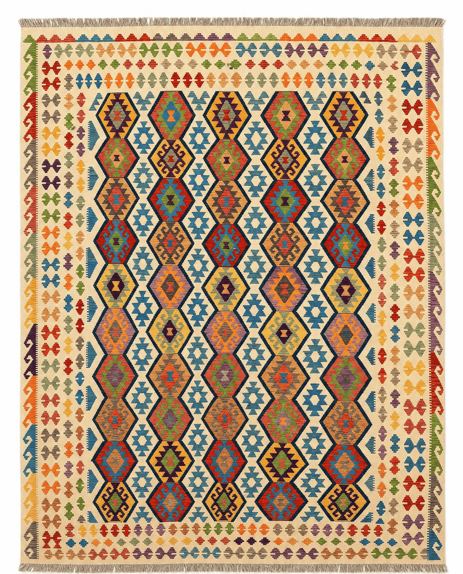 Kilim Area Rug – Ivory Field with Colorful Hexagonal Medallion Design, Handwoven Flatweave Rug, 13'0" x 9'10" (396 x 300 cm) | Rug 48779 - Carpetery