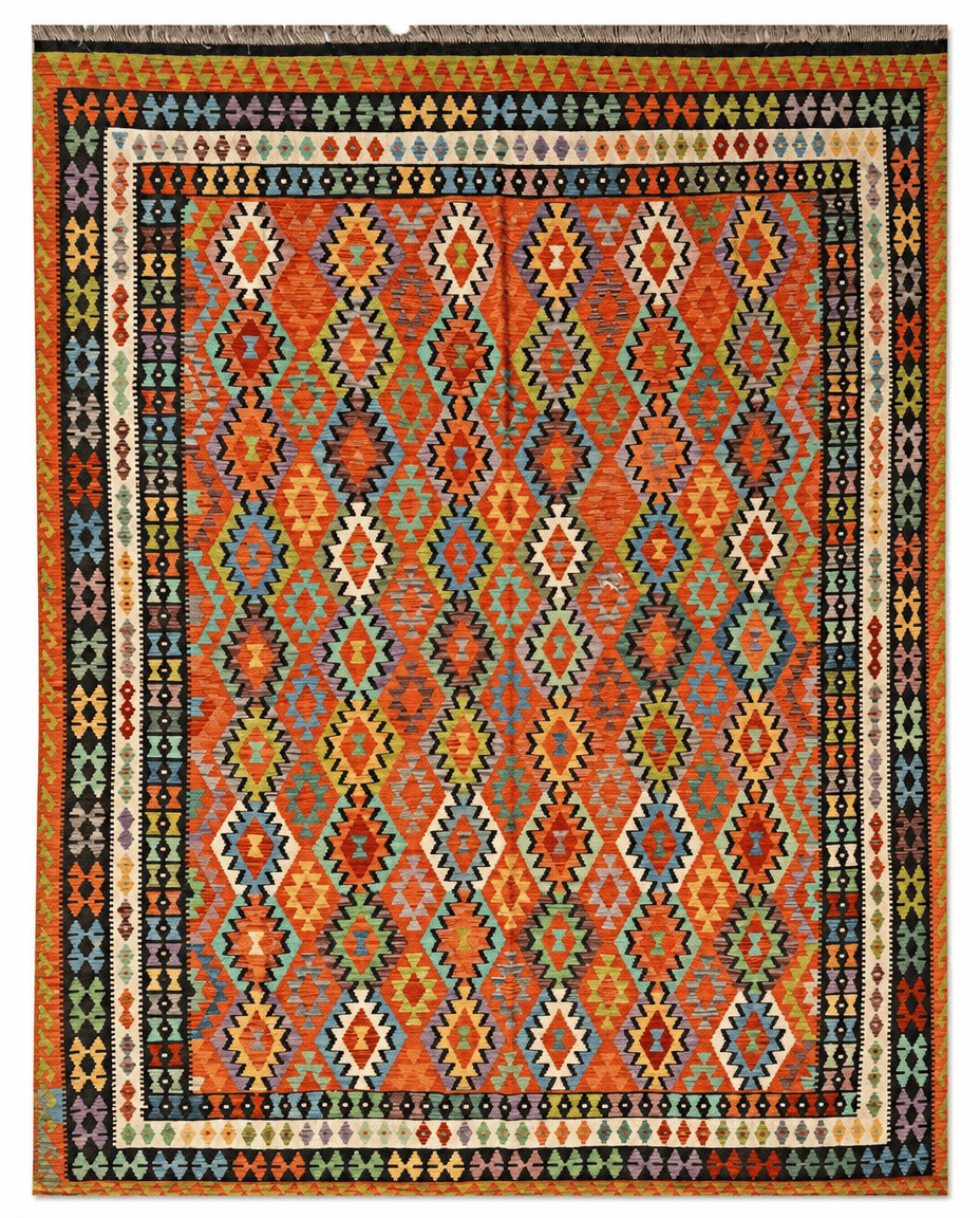 Kilim Area Rug – Rust Orange Diamond Medallion Design, Handwoven Flatweave Rug, 12'10" x 10'7" | Rug 42287 - Carpetery