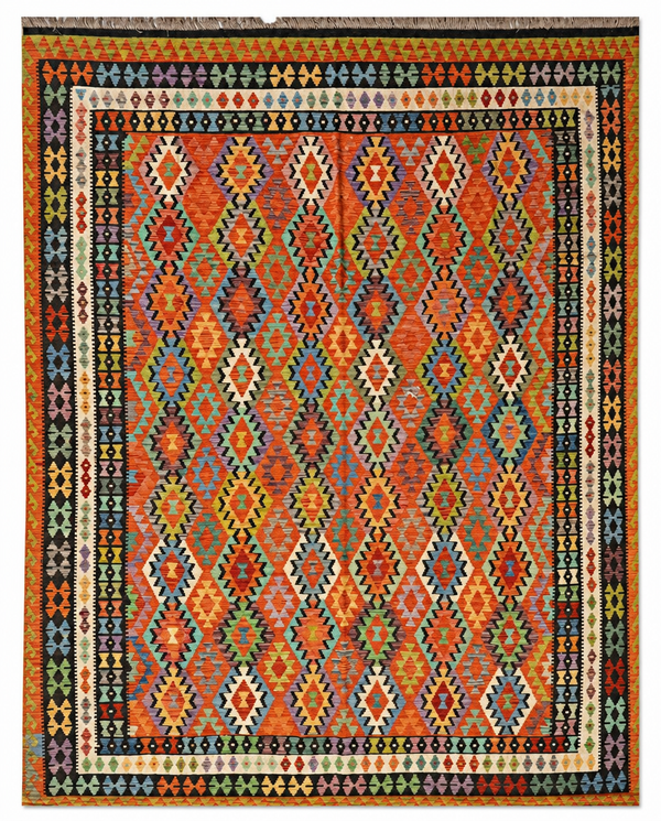 Kilim Area Rug – Rust Orange Diamond Medallion Design, Handwoven Flatweave Rug, 12'10" x 10'7" | Rug #42287