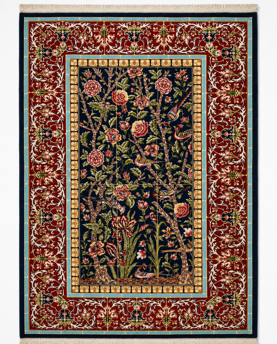 Turkish Tree of Life Area Rug – Bird & Blossom Pictorial Design, Hand-Knotted Silk-Wool Rug, 4'10" x 3'3"  | Rug #36241