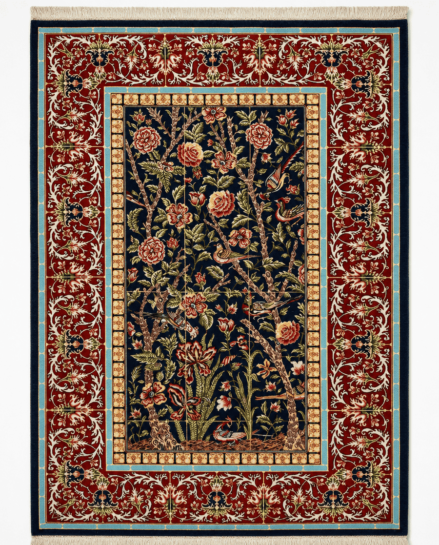 Turkish Tree of Life Area Rug – Bird & Blossom Pictorial Design, Hand-Knotted Silk-Wool Rug, 4'10" x 3'3" | Rug 36241 - Carpetery
