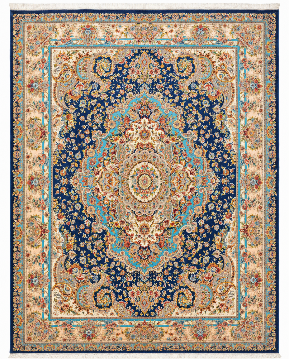 Turkish Area Rug – Navy Blue Floral Medallion Design, Hand-Knotted Silk-Wool Rug, 13'1" x 9'9"| Rug #35837
