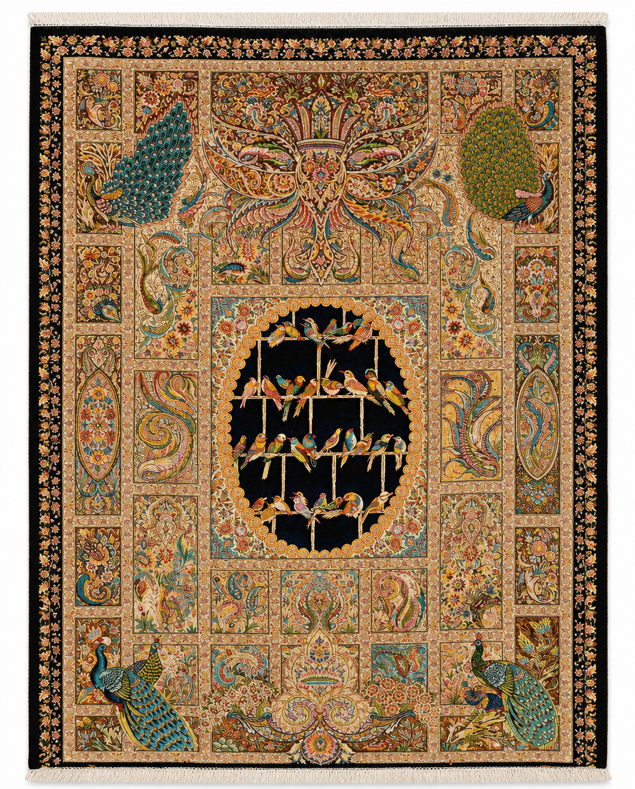 Turkish Peacock Pictorial Area Rug – Birds on Branches Medallion Design, Hand-Knotted Silk-Wool Rug, 4'9" x 3'3" (146 x 100 cm) | Rug #36258