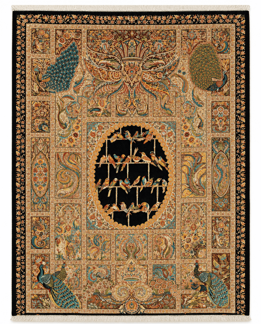 Turkish Peacock Pictorial Area Rug – Birds on Branches Medallion Design, Hand-Knotted Silk-Wool Rug, 4'9" x 3'3" (146 x 100 cm) | Rug 36258 - Carpetery
